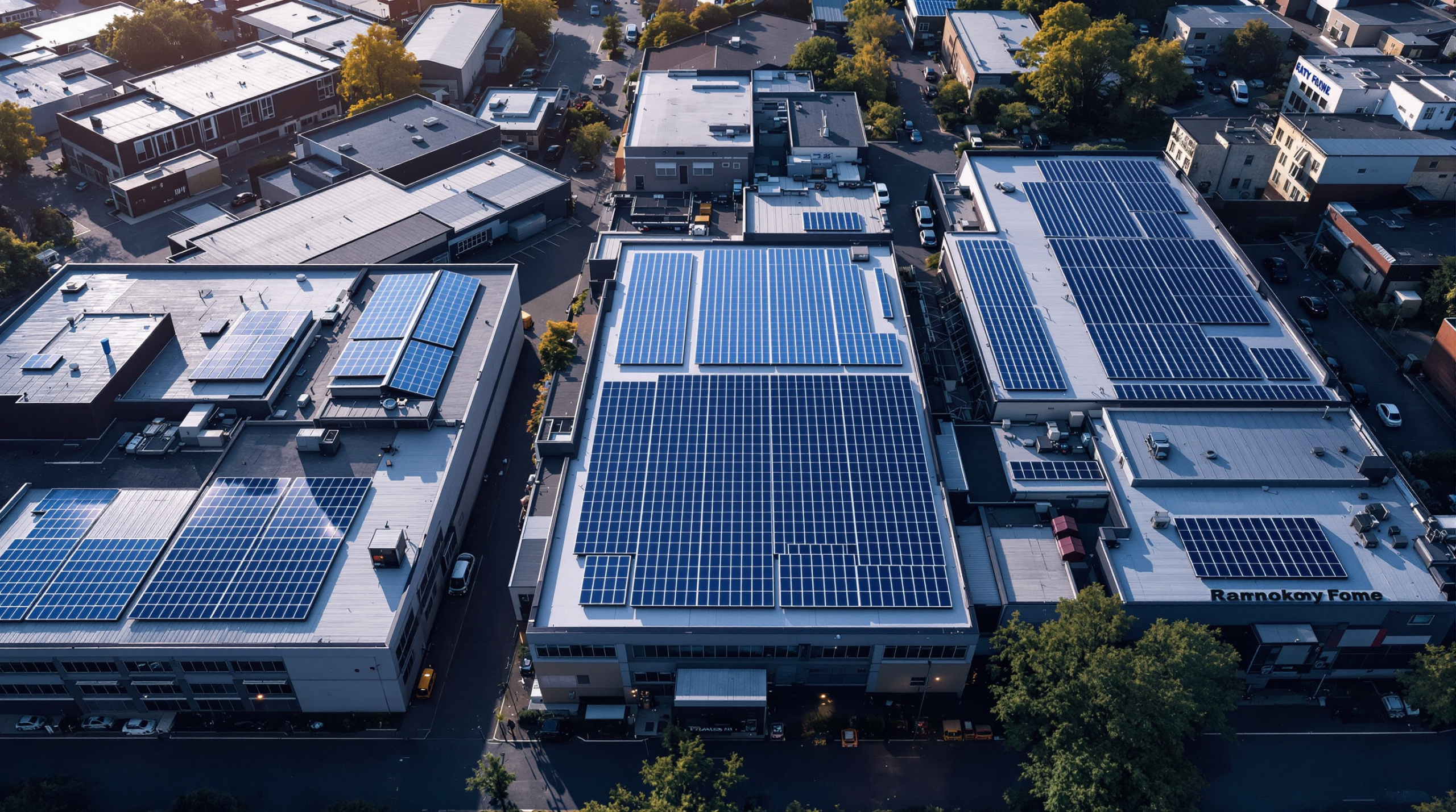 Aerial view of distributed rooftop solar infrastructure on commercial industrial buildings across European urban landscape