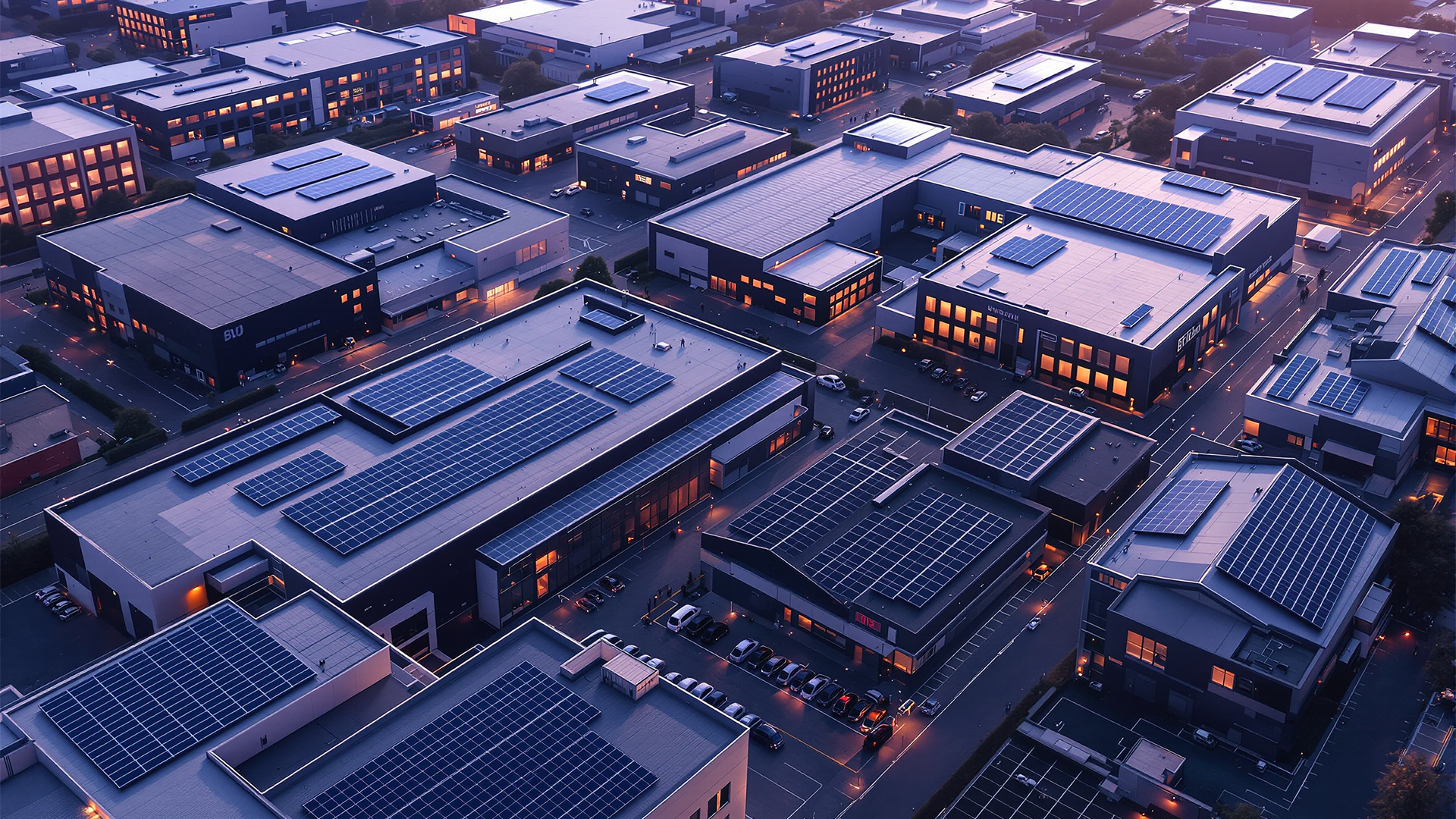 Aerial view of European solar infrastructure with commercial rooftop solar panels on industrial buildings