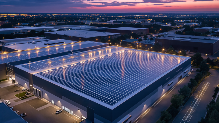 Commercial rooftop solar deployment showing industrial building with completed solar installation in European setting