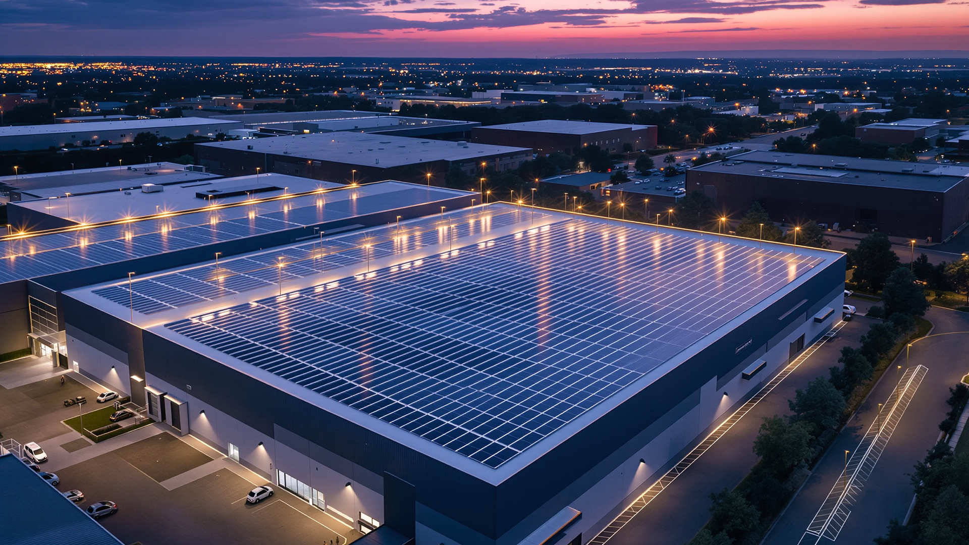 Commercial rooftop solar deployment showing industrial building with completed solar installation in European setting