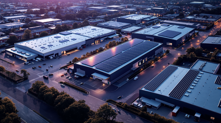 Aerial view of commercial solar infrastructure portfolio with multiple rooftop installations across European industrial buildings