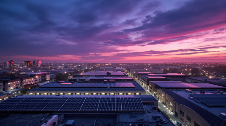 Aerial view of European commercial rooftops showing scaling global solar infrastructure portfolio