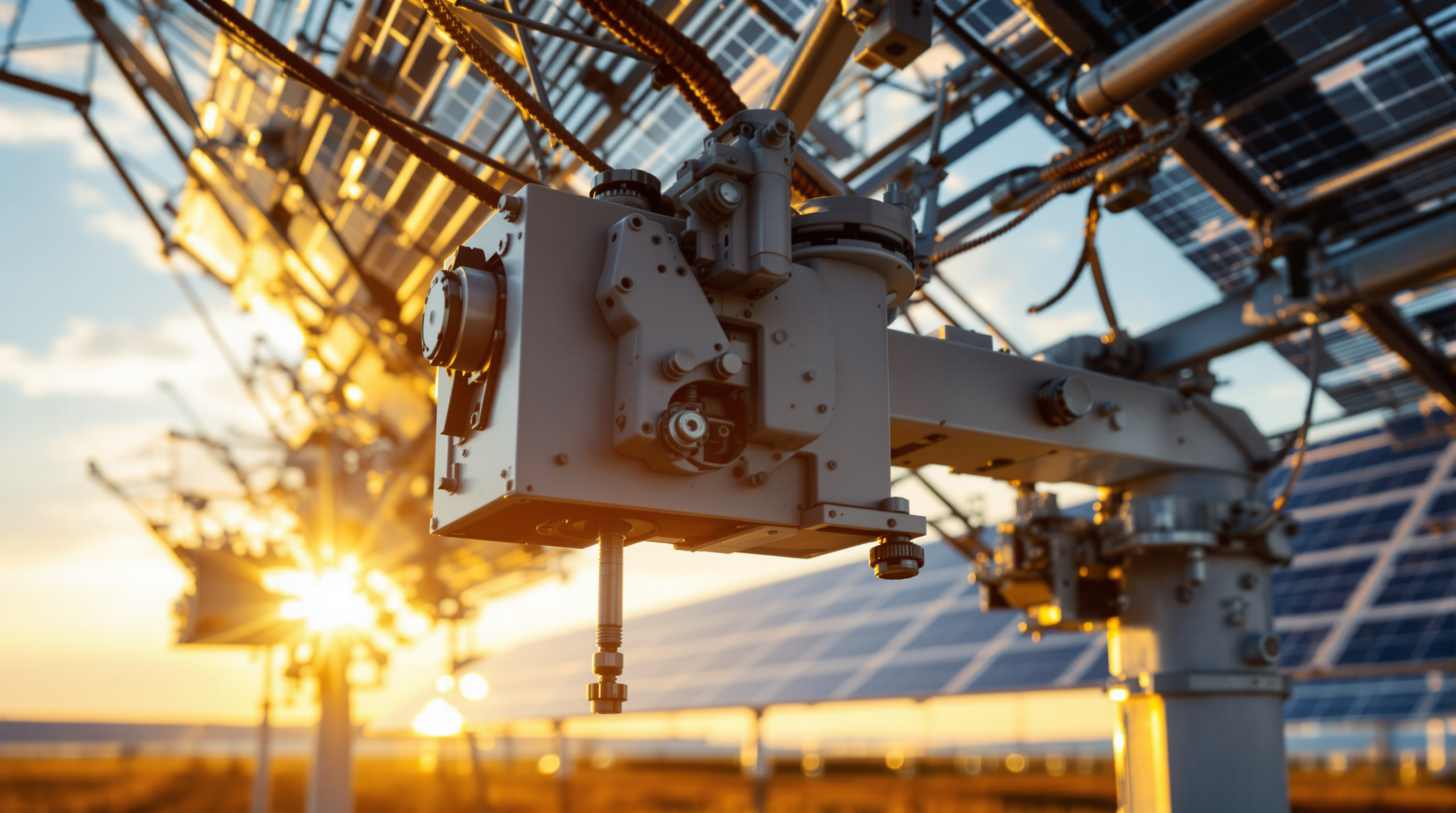 Single-axis solar tracker mechanism at utility-scale solar farm Europe during golden hour installation