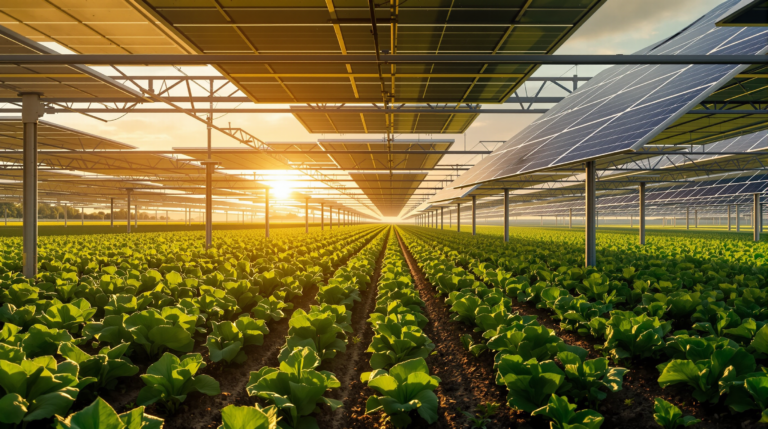 Agrivoltaics how it works: elevated solar panels installed above agricultural crops in European farmland