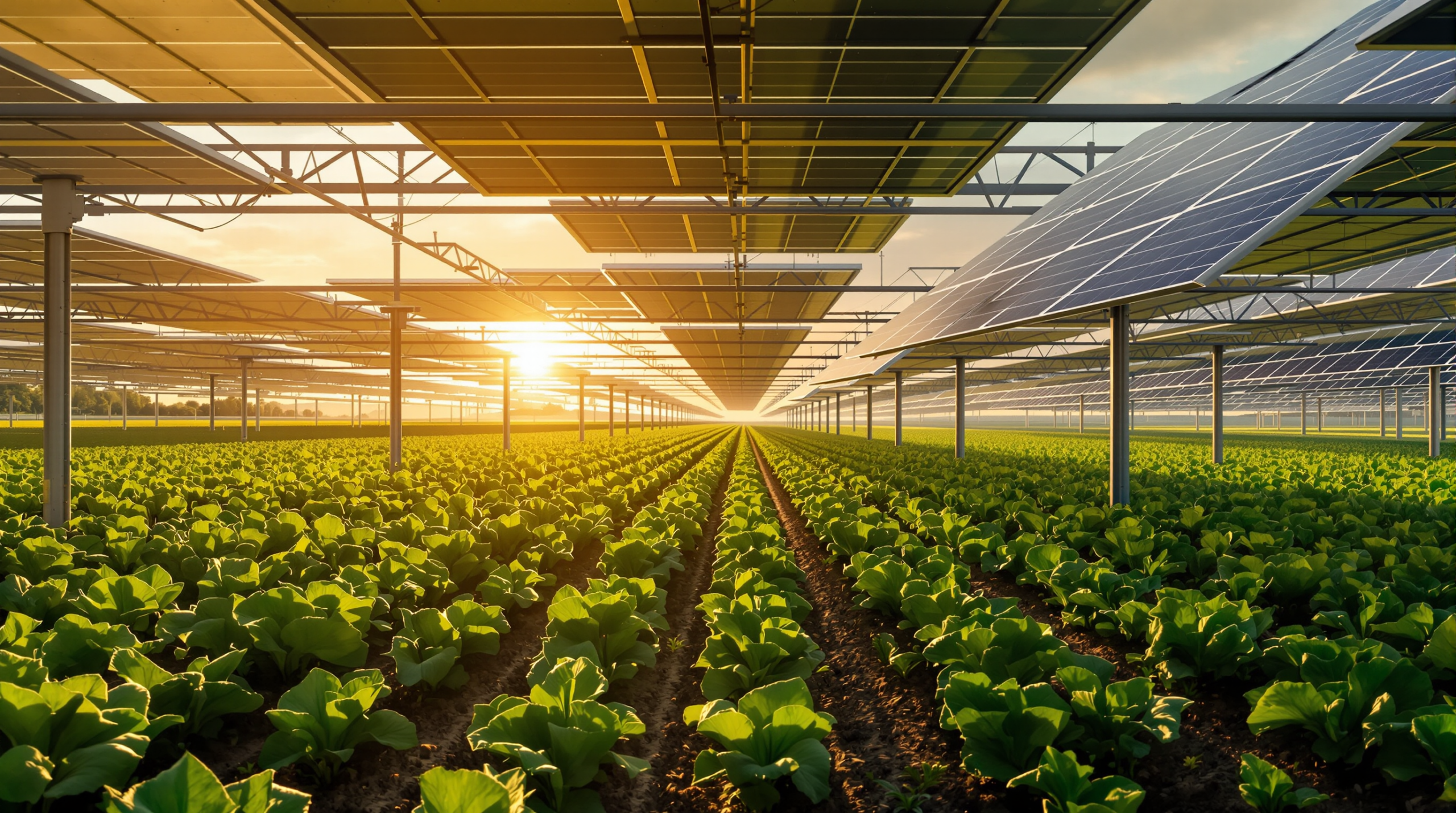 Agrivoltaics how it works: elevated solar panels installed above agricultural crops in European farmland