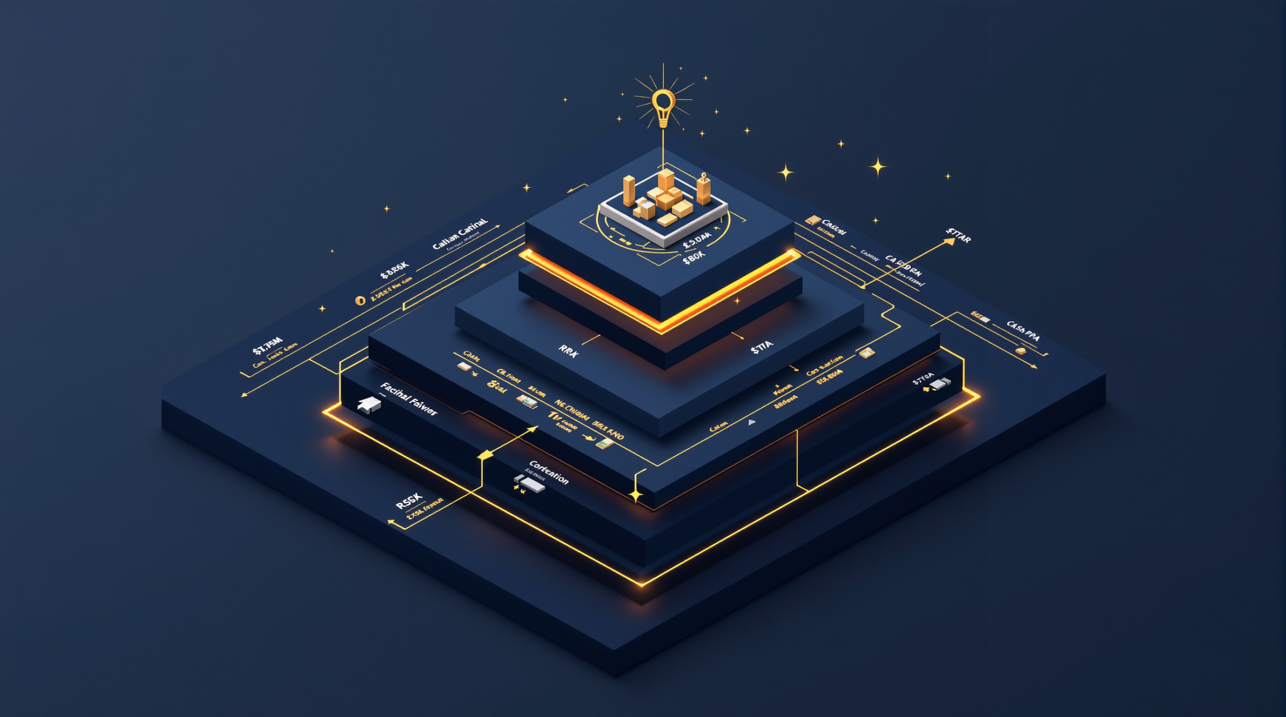 Isometric visualization of counterparty risk solar PPA capital structure with debt equity layers