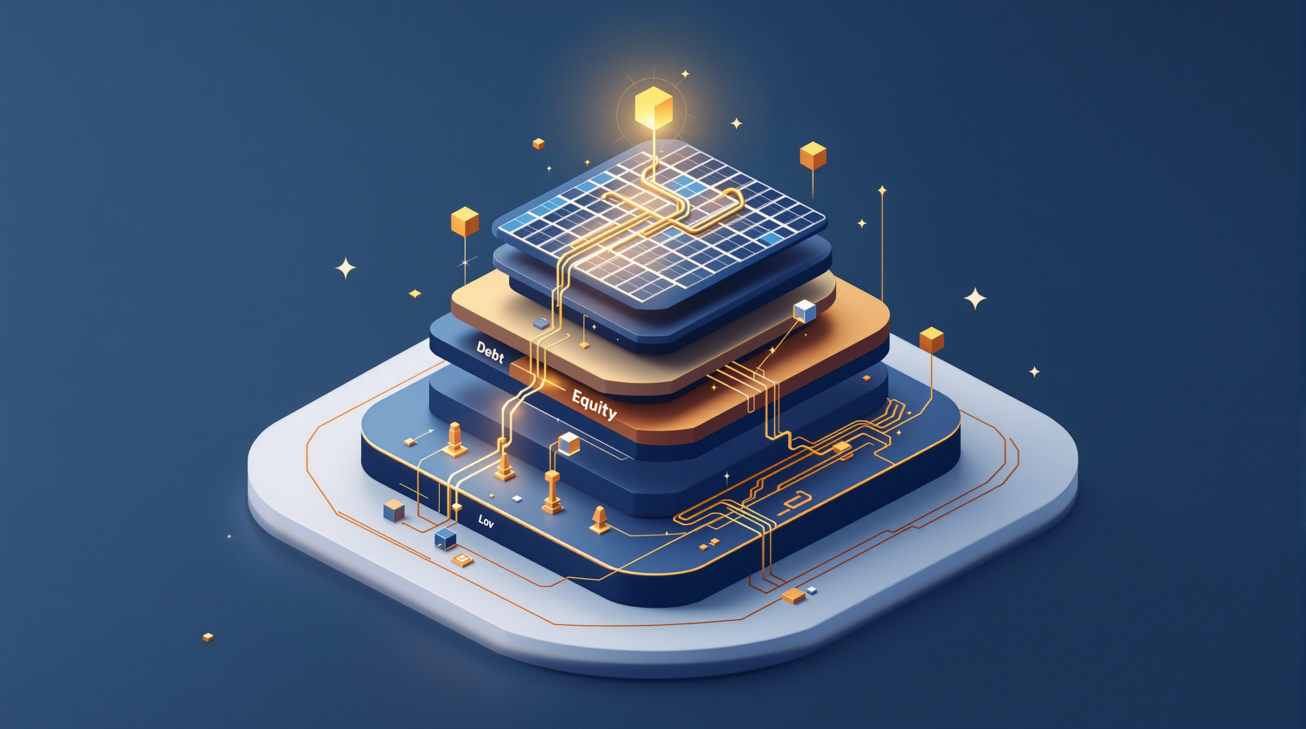 3D isometric visualization of solar asset equity returns capital structure and cash flow layers