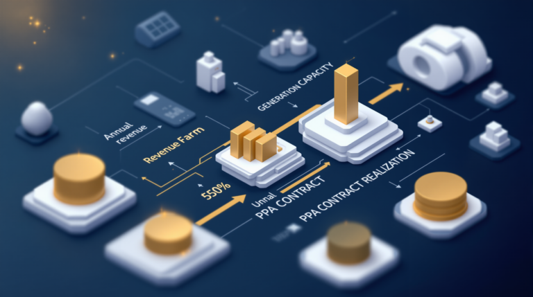 3D isometric visualization of utility-scale solar farm revenue cashflow structure