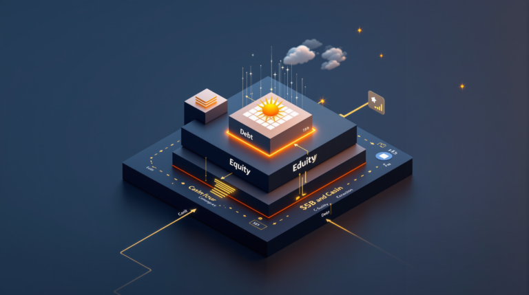 3D isometric visualization of solar projects bankable capital structure with debt equity layers