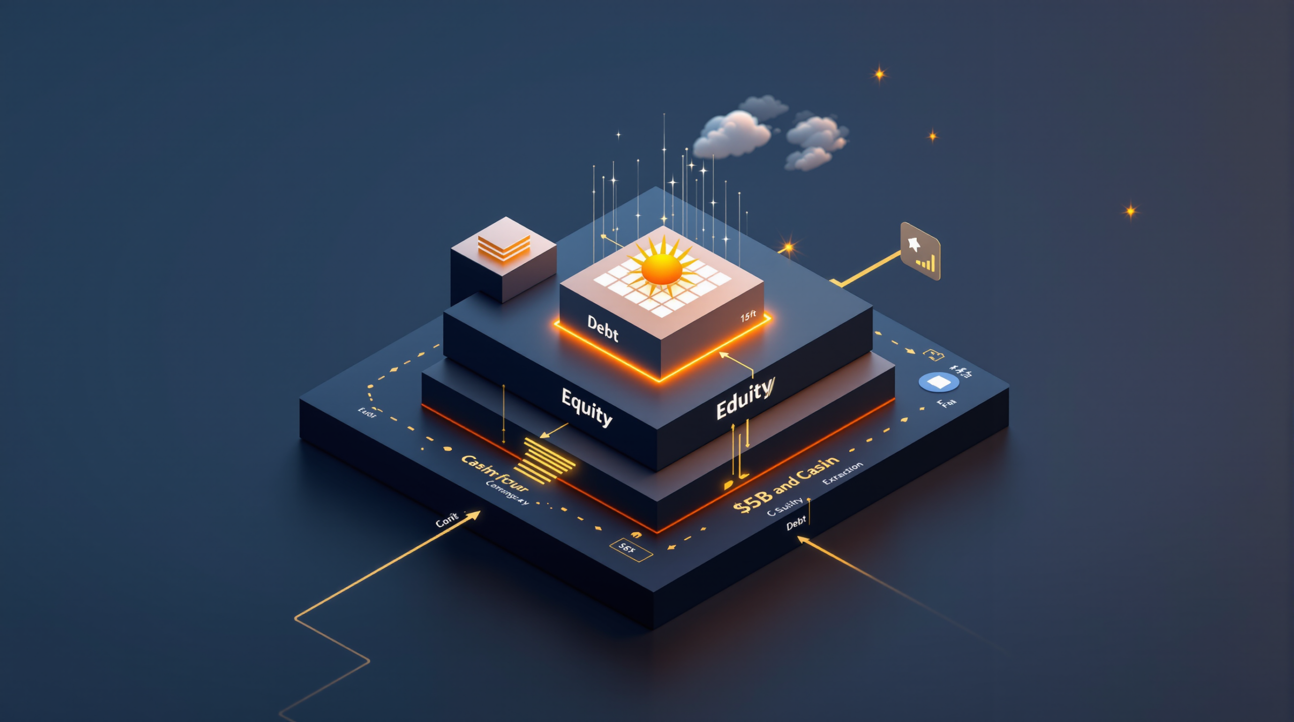 3D isometric visualization of solar projects bankable capital structure with debt equity layers